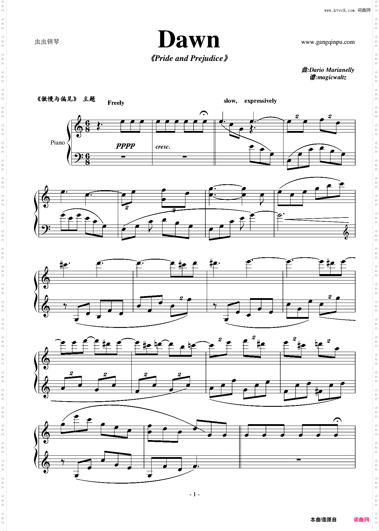 傲慢与偏见dawn钢琴谱图片