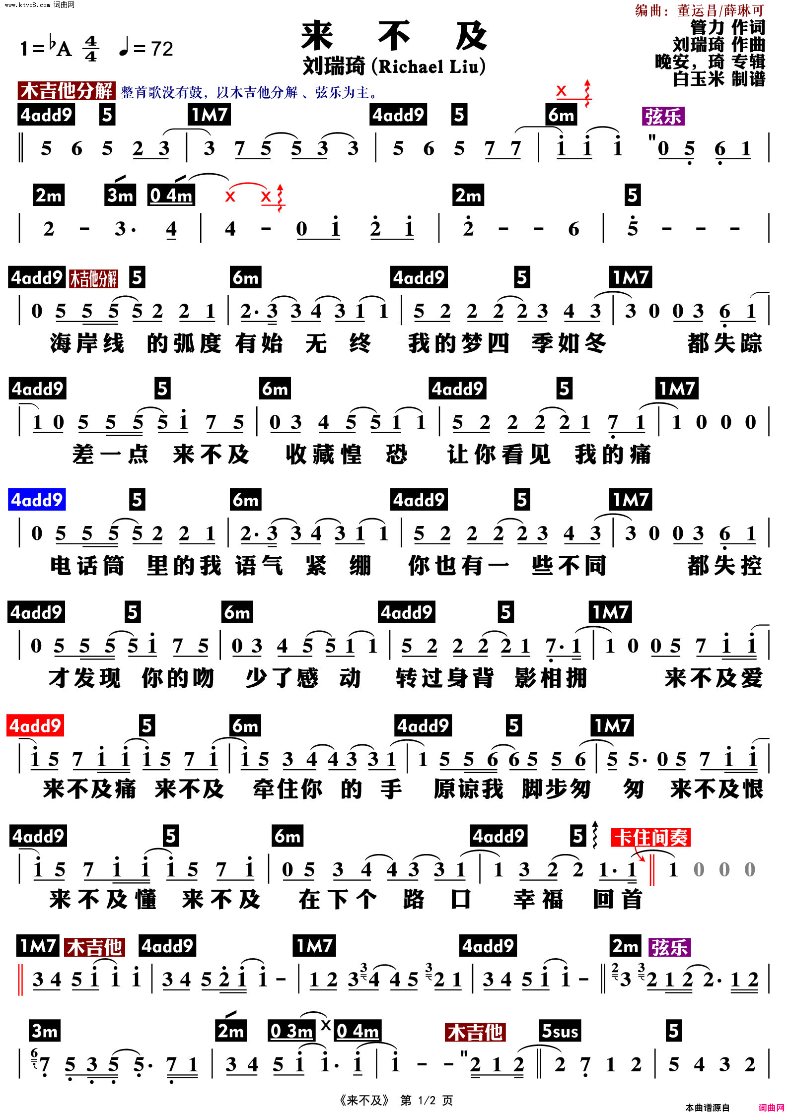 来不及刘瑞琪简谱图片